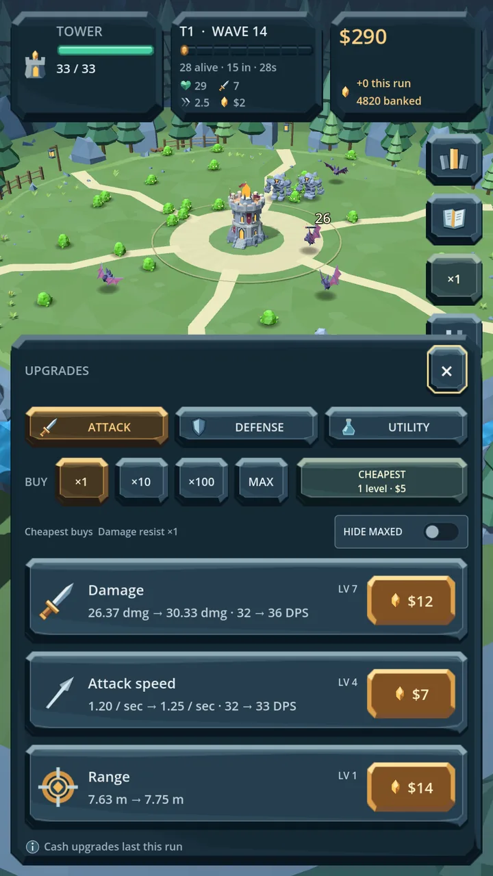 The upgrade sheet open over a live fight