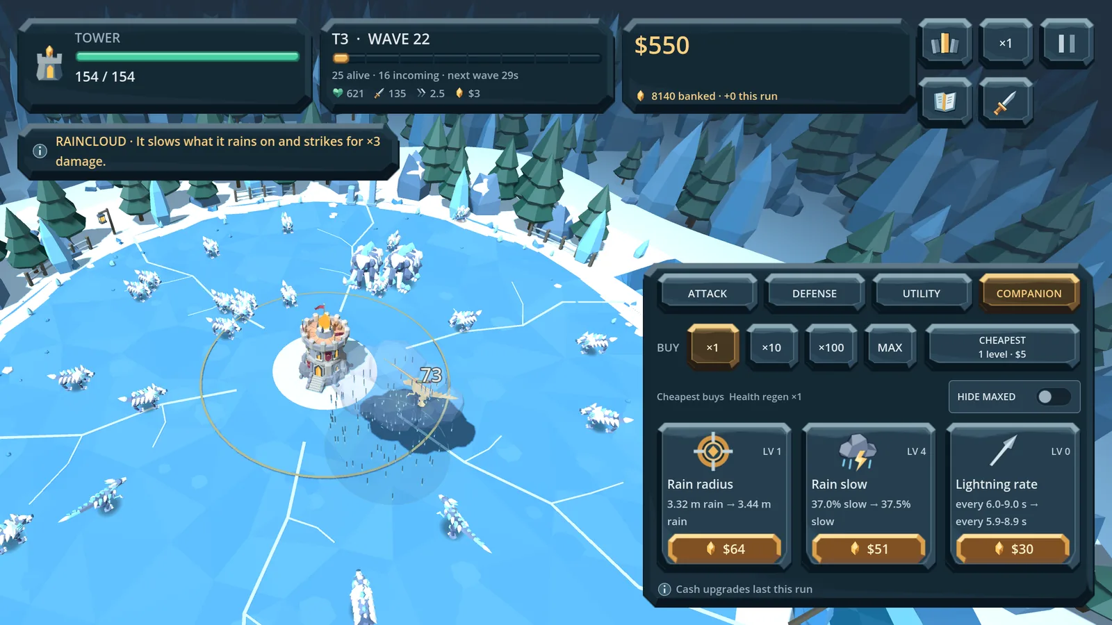 The Raincloud companion fighting beside the keep on the ice arena